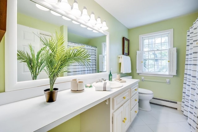 1441 Old Post Rd, Barnstable, MA 02648 - full bathroom with a baseboard heating unit, vanity, tile patterned flooring, and a shower with curtain