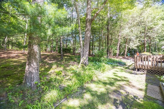 1441 Old Post Rd, Barnstable, MA 02648 - view of yard with a wooden deck and a view of trees