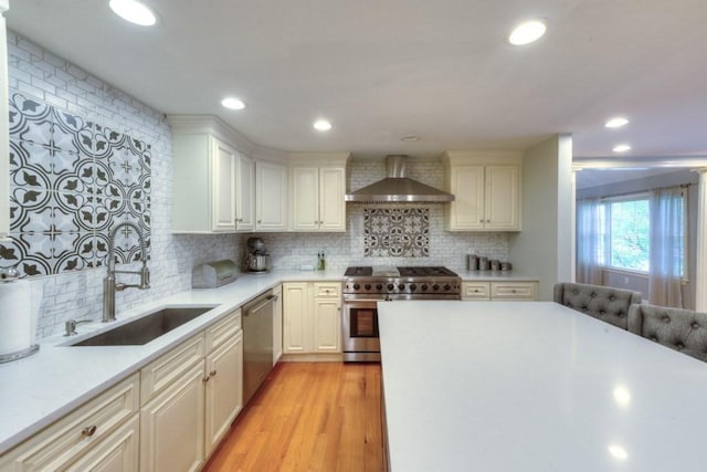 15 Bailin Dr, Worcester, MA 01604 - kitchen featuring wall chimney exhaust hood, appliances with stainless steel finishes, a sink, light countertops, and backsplash