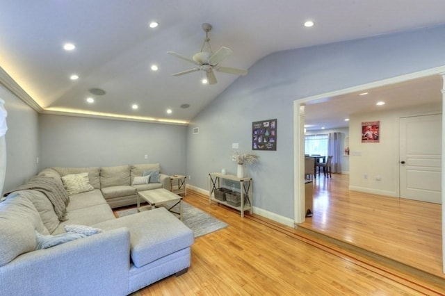 15 Bailin Dr, Worcester, MA 01604 - living room with light wood-style floors, a ceiling fan, recessed lighting, lofted ceiling, and baseboards
