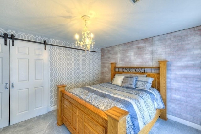 15 Bailin Dr, Worcester, MA 01604 - bedroom with light colored carpet, a barn door, a chandelier, and baseboards