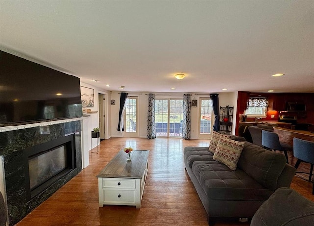 living area with recessed lighting, wood finished floors, and a fireplace