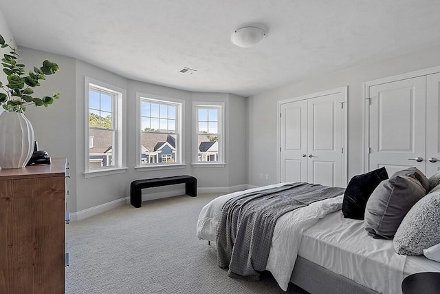 carpeted bedroom with two closets and multiple windows