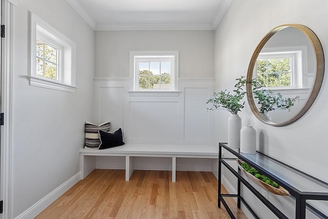 mudroom with ornamental molding and light wood-type flooring