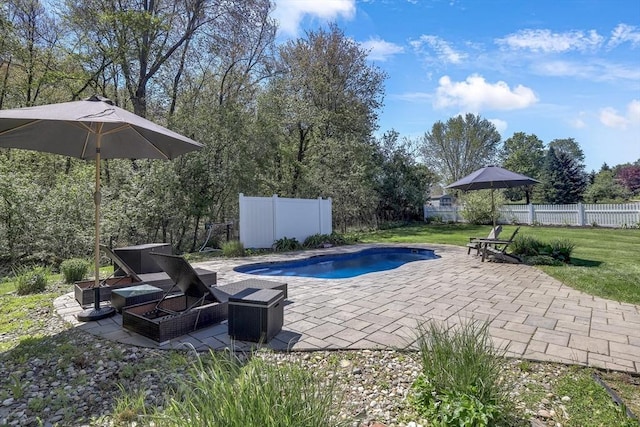 view of swimming pool featuring a patio area