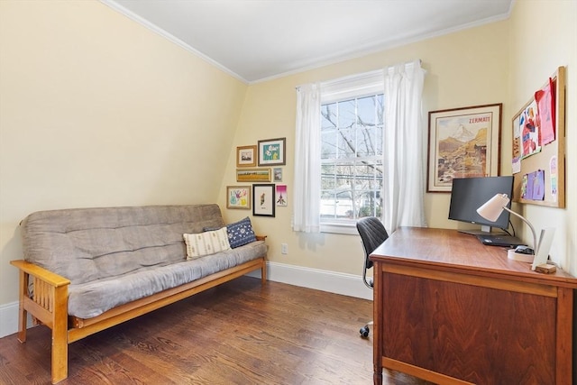 office space featuring dark wood-style floors, baseboards, and ornamental molding