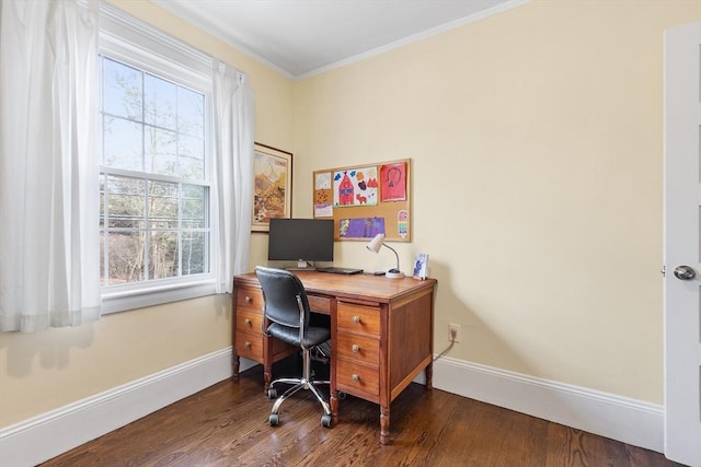 office featuring dark wood-style floors, crown molding, and baseboards