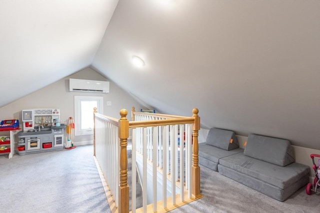 bonus room with a wall unit AC, carpet floors, and vaulted ceiling