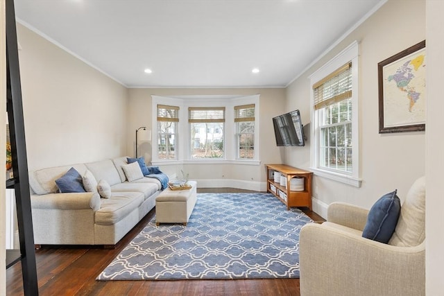 living room featuring crown molding, baseboards, and dark wood-type flooring