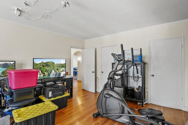 exercise area featuring ornamental molding and light wood-type flooring