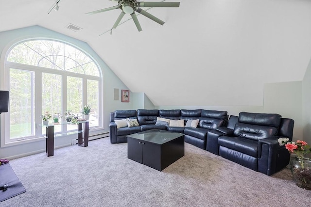 8 Rock Rd, Attleboro, MA 02703 - living room featuring lofted ceiling, carpet flooring, ceiling fan, and baseboard heating