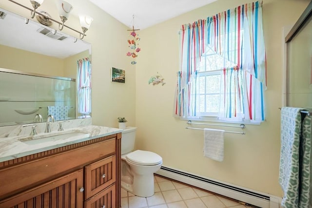 8 Rock Rd, Attleboro, MA 02703 - bathroom featuring baseboard heating, toilet, an enclosed shower, vanity, and tile patterned flooring