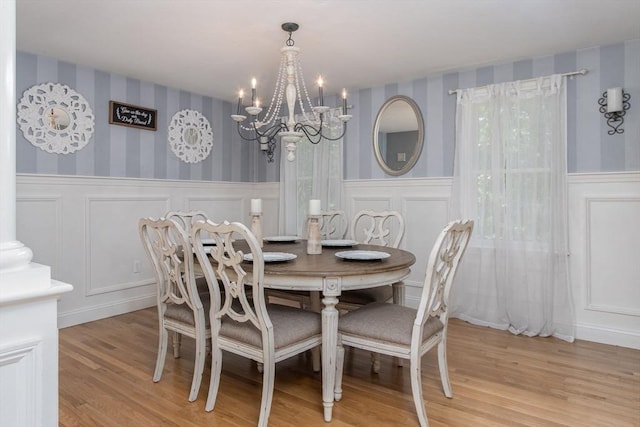 8 Whitaker Ln, Groton, MA 01450 - dining area with a chandelier, a decorative wall, wallpapered walls, light wood-style flooring, and wainscoting