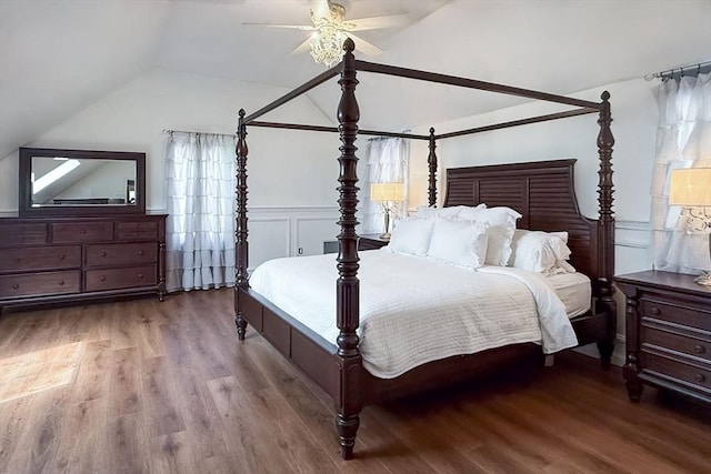 8 Whitaker Ln, Groton, MA 01450 - bedroom with vaulted ceiling, wood finished floors, a wainscoted wall, a decorative wall, and ceiling fan