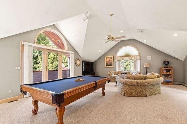 game room with carpet, a ceiling fan, vaulted ceiling, baseboards, and billiards