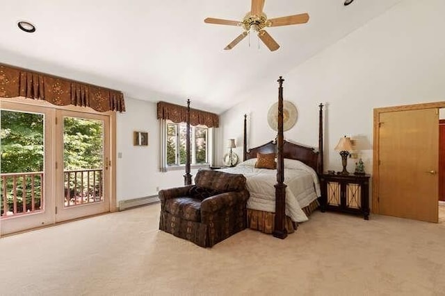 bedroom featuring access to outside, a baseboard heating unit, light carpet, ceiling fan, and high vaulted ceiling