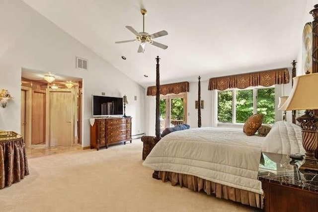 carpeted bedroom with visible vents, ceiling fan, high vaulted ceiling, access to outside, and a baseboard heating unit
