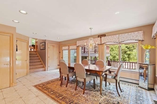 dining area with recessed lighting, stairs, an inviting chandelier, and baseboard heating