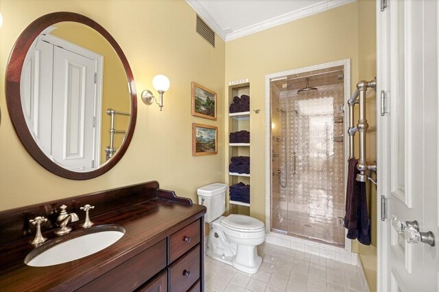 357-359 Beacon St Unit 4, Boston, MA 02116 - full bath with toilet, crown molding, tile patterned flooring, a shower stall, and vanity