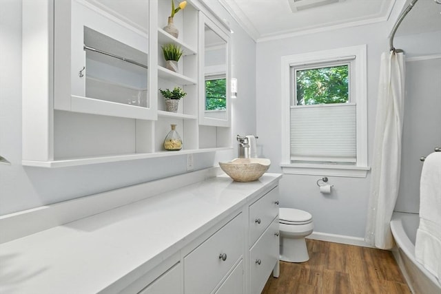 9 E Colonial Rd, Wilbraham, MA 01095 - full bathroom with ornamental molding, vanity, wood finished floors, and shower / bath combo
