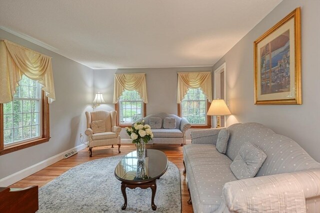 living area featuring healthy amount of natural light, wood finished floors, and baseboards