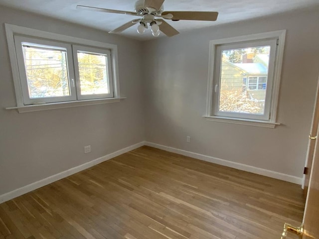 unfurnished room with light hardwood / wood-style flooring and ceiling fan