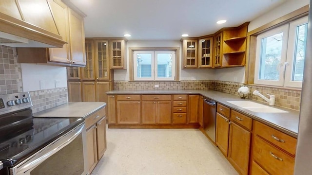 kitchen with appliances with stainless steel finishes, sink, decorative backsplash, and exhaust hood