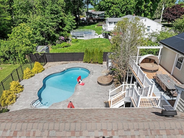 77 Columbus Dr, Fall River, MA 02720 - view of pool featuring stairway, a wooden deck, and a patio area