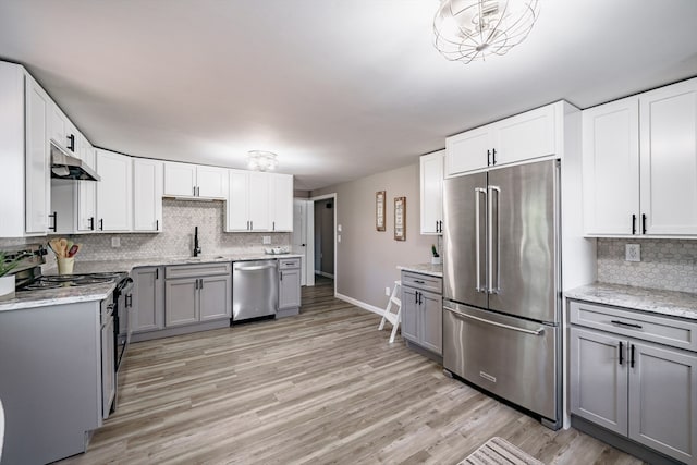 kitchen with gray cabinetry, light wood-type flooring, stainless steel appliances, and tasteful backsplash