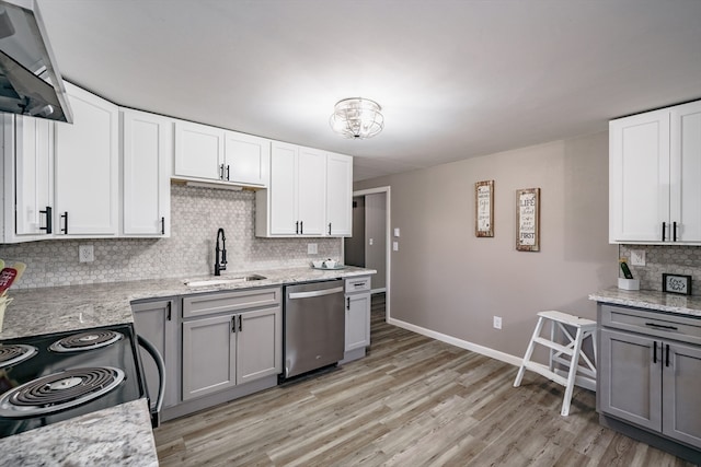 kitchen featuring tasteful backsplash, stainless steel appliances, sink, light hardwood / wood-style floors, and white cabinetry