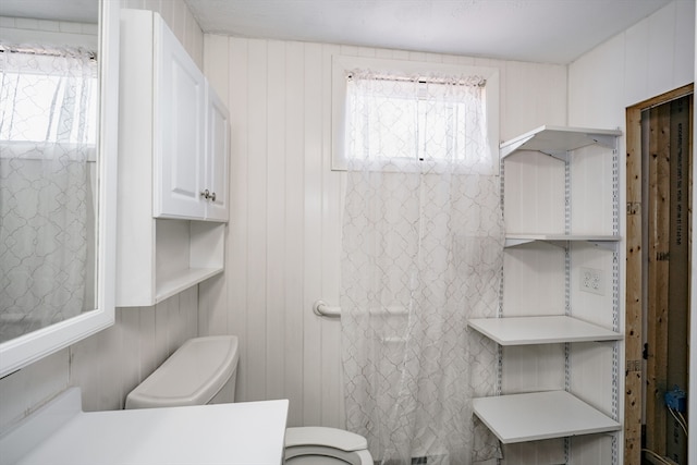 bathroom featuring wooden walls, plenty of natural light, and toilet