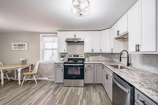 kitchen featuring white cabinetry, sink, decorative backsplash, light hardwood / wood-style floors, and stainless steel appliances