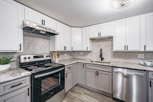 kitchen featuring light hardwood / wood-style flooring, sink, white cabinets, backsplash, and stainless steel appliances