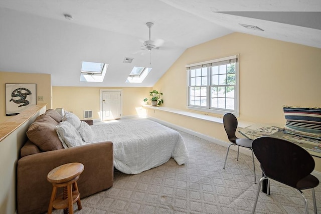 57 Alma Ave Unit 57, Belmont, MA 02478 - bedroom with a skylight, vaulted ceiling, carpet floors, and a ceiling fan