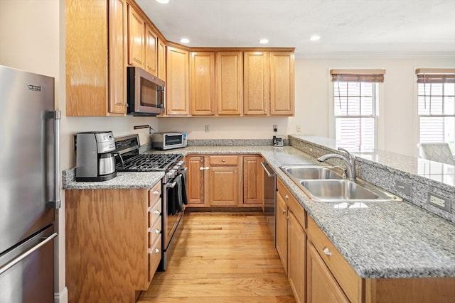 57 Alma Ave Unit 57, Belmont, MA 02478 - kitchen featuring appliances with stainless steel finishes, light wood-style flooring, ornamental molding, a peninsula, and recessed lighting