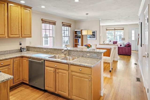 57 Alma Ave Unit 57, Belmont, MA 02478 - kitchen featuring dishwasher, a peninsula, light wood-style floors, crown molding, and light stone counters