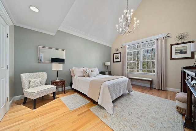 bedroom featuring ornamental molding, wood-type flooring, a chandelier, and high vaulted ceiling