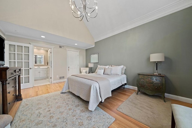 bedroom featuring crown molding, connected bathroom, high vaulted ceiling, and light wood-type flooring