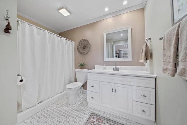 bathroom featuring crown molding, a shower with shower curtain, vanity, tile patterned floors, and toilet