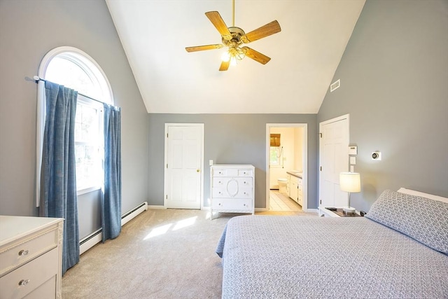 495 Creek St, Wrentham, MA 02093 - bedroom with light carpet, a baseboard heating unit, high vaulted ceiling, connected bathroom, and baseboards