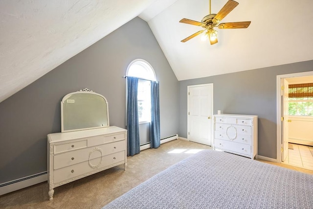 495 Creek St, Wrentham, MA 02093 - carpeted bedroom featuring vaulted ceiling, a baseboard heating unit, ceiling fan, and ensuite bath