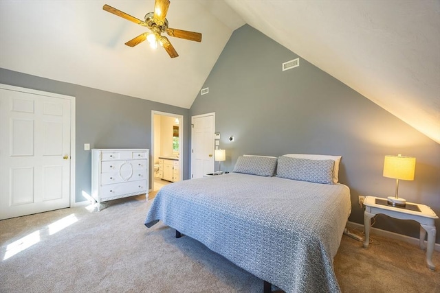 495 Creek St, Wrentham, MA 02093 - carpeted bedroom with high vaulted ceiling, baseboards, connected bathroom, and a ceiling fan