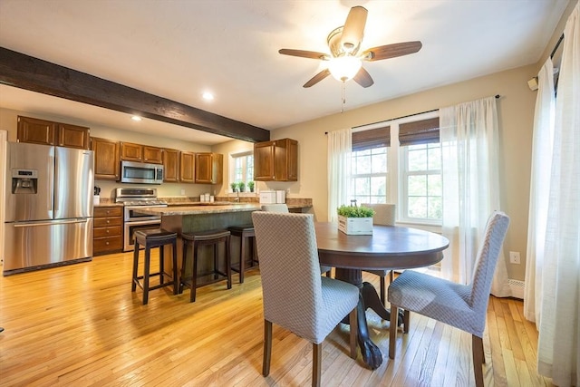 495 Creek St, Wrentham, MA 02093 - dining area with beamed ceiling, light wood-style flooring, ceiling fan, recessed lighting, and baseboards