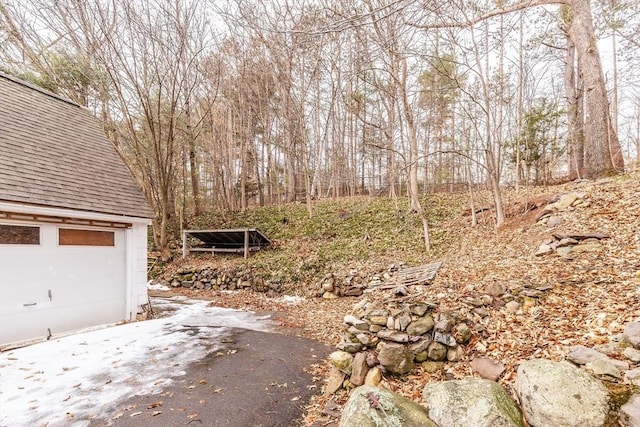 view of yard featuring a garage and driveway