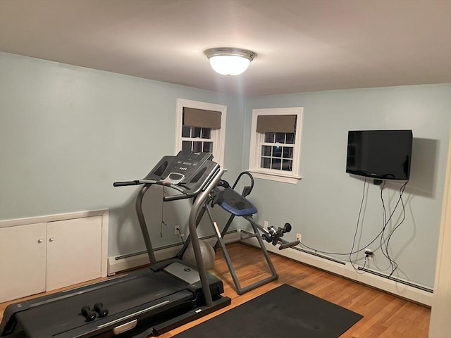 workout room featuring light hardwood / wood-style flooring