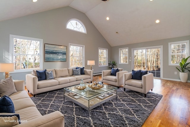 living room with high vaulted ceiling and wood-type flooring