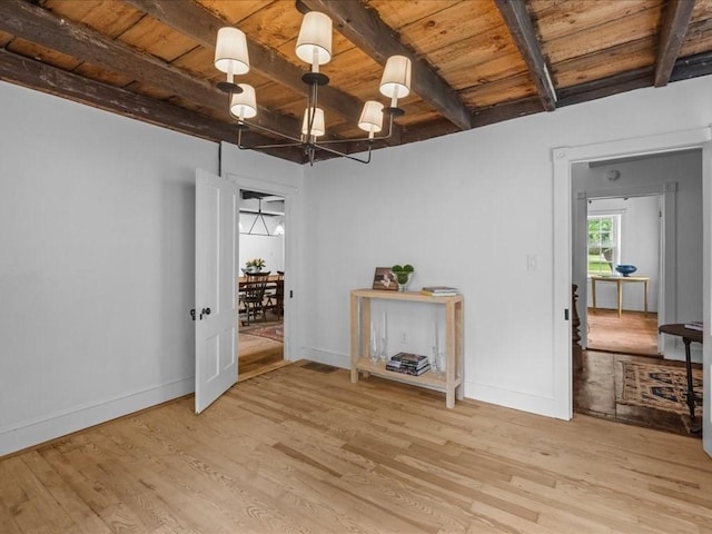 131 Cedar St, Middleboro, MA 02346 - empty room with wooden ceiling with exposed beams, light wood-style flooring, a chandelier, and baseboards