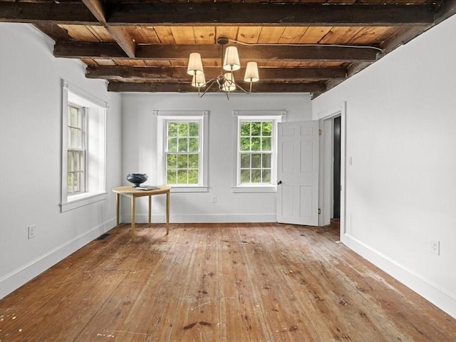 131 Cedar St, Middleboro, MA 02346 - unfurnished room with wooden ceiling with exposed beams, hardwood / wood-style flooring, baseboards, and a chandelier