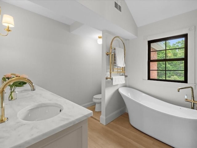 131 Cedar St, Middleboro, MA 02346 - full bath featuring a soaking tub, double vanity, wood finished floors, vaulted ceiling, and toilet
