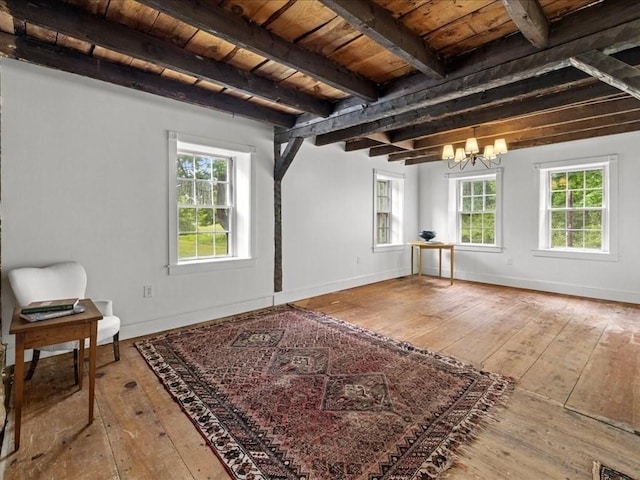 131 Cedar St, Middleboro, MA 02346 - unfurnished living room featuring hardwood / wood-style flooring, a chandelier, baseboards, and wood ceiling with exposed beams